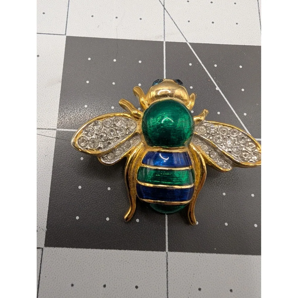 Enamel Bumble Bee Brooch‎ Gold Tone Green Blue Rhinestone Insect Pin vtg